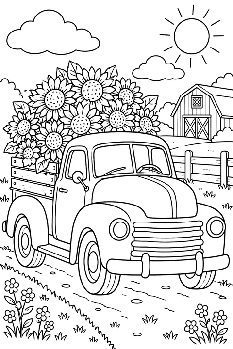 a vintage truck full of sunflowers coloring page