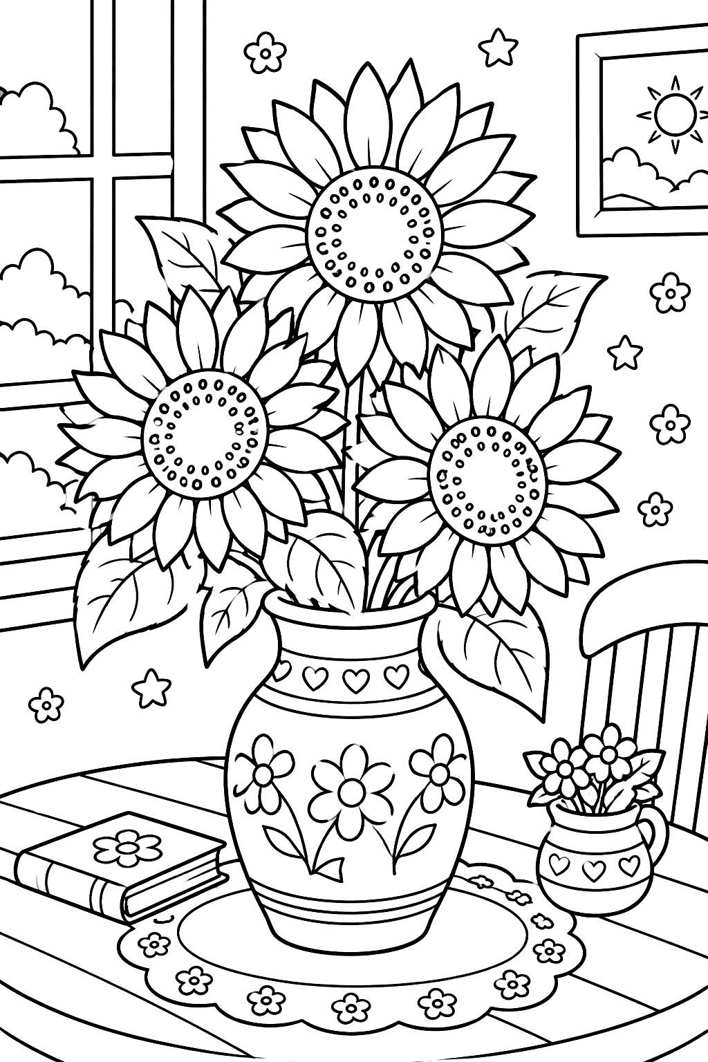 sunflowers in a vase on a table coloring page