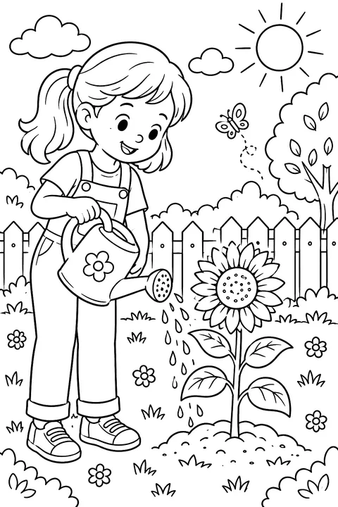 a child watering a young sunflower coloring page