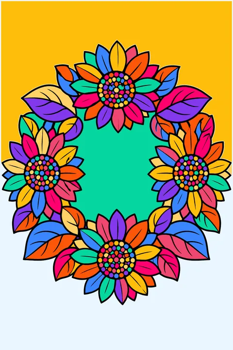 a wreath of sunflowers and leaves coloring page