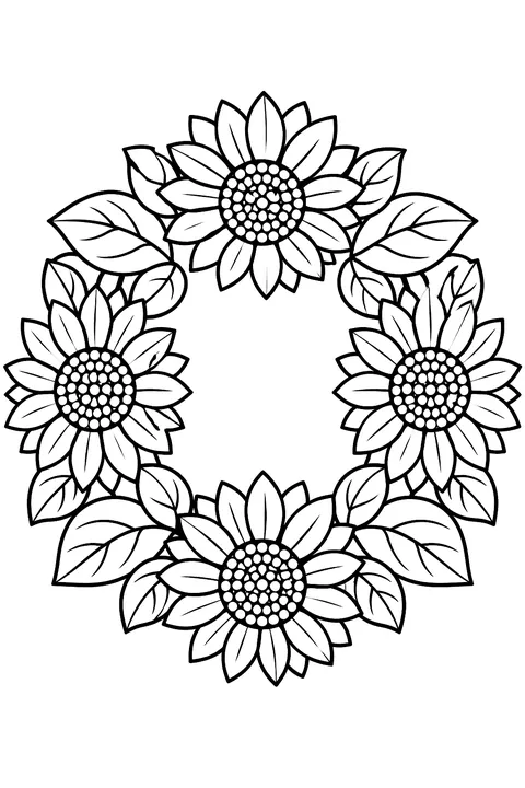 a wreath of sunflowers and leaves coloring page