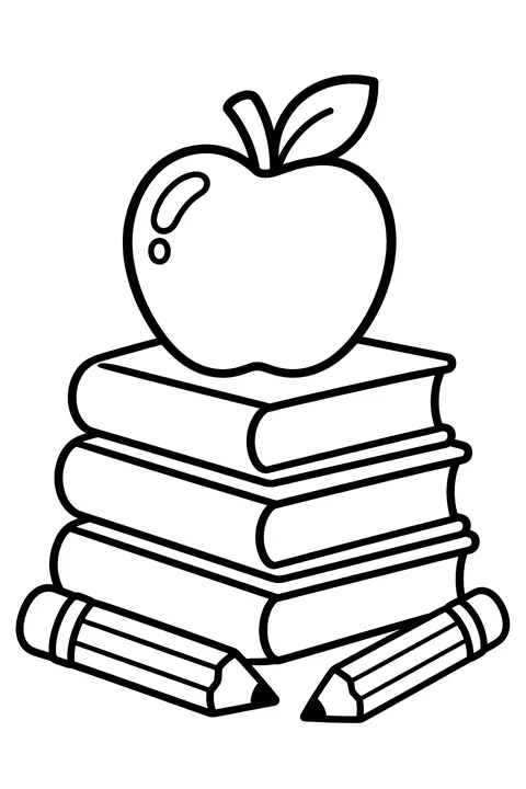 a shiny apple on a stack of books with pencils coloring page