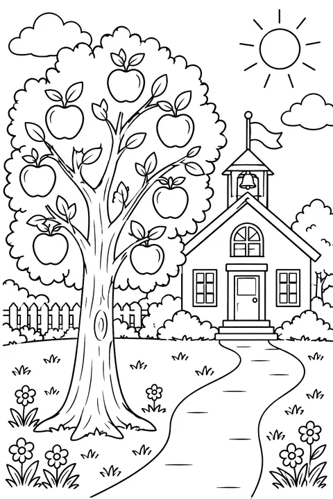 an apple tree in front of a schoolhouse coloring page