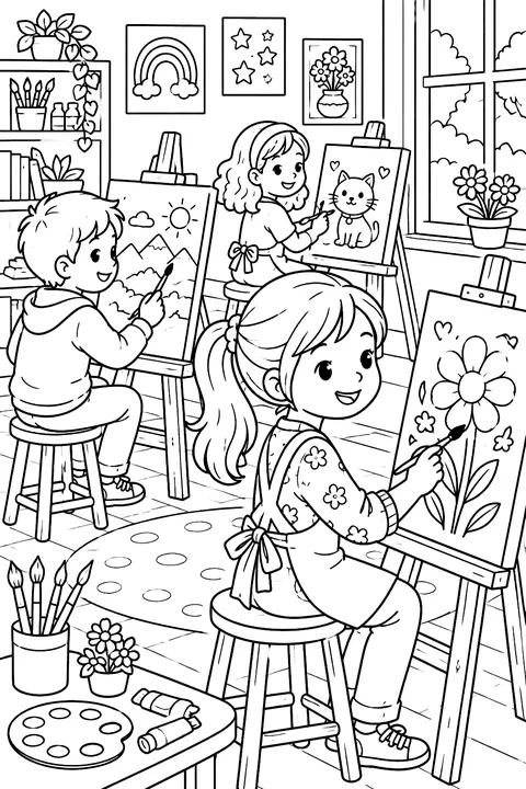kids painting at easels in an art classroom coloring page