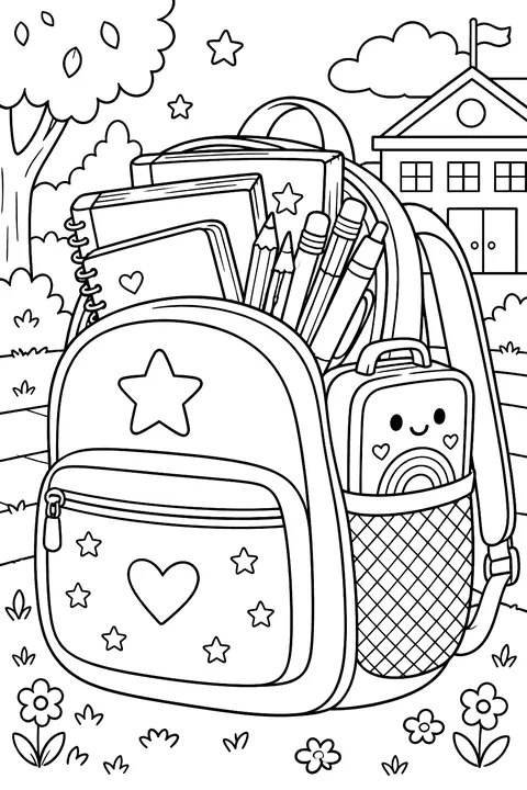 a backpack overflowing with books, pencils and a lunchbox coloring page