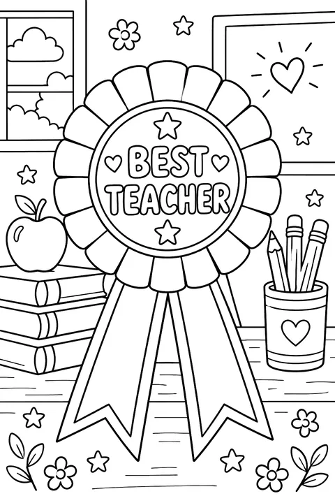 an award ribbon rosette with the words BEST TEACHER coloring page