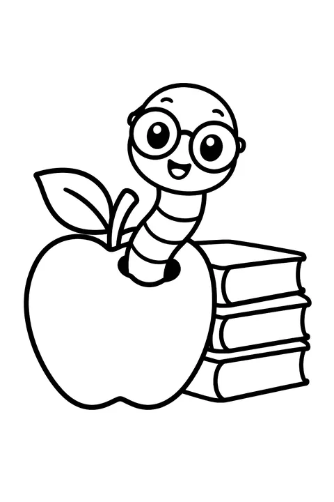 a cute worm with glasses coming out of an apple next to books coloring page