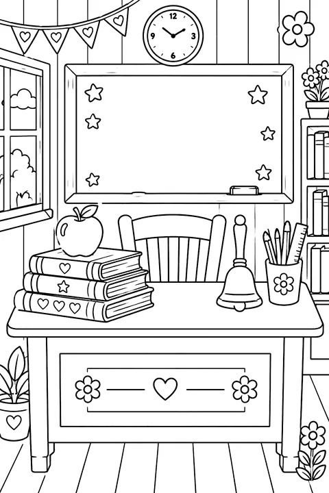 a chalkboard with an apple, books and a bell on the teacher's desk coloring page