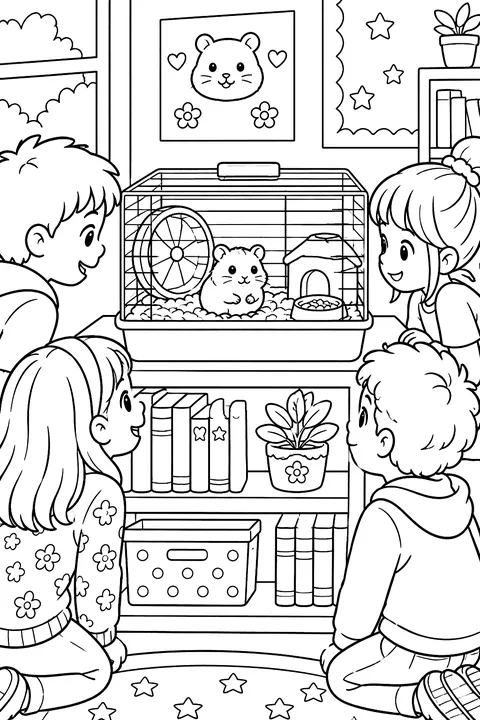a hamster in a cage on a classroom shelf with kids watching coloring page