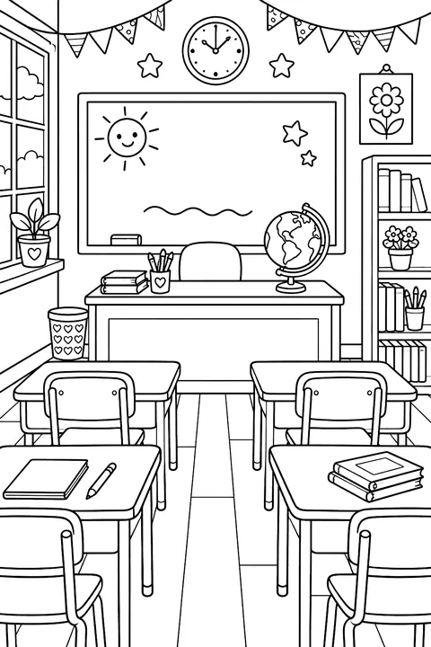 a cheerful classroom with desks, a chalkboard, a globe and a teacher's desk coloring page