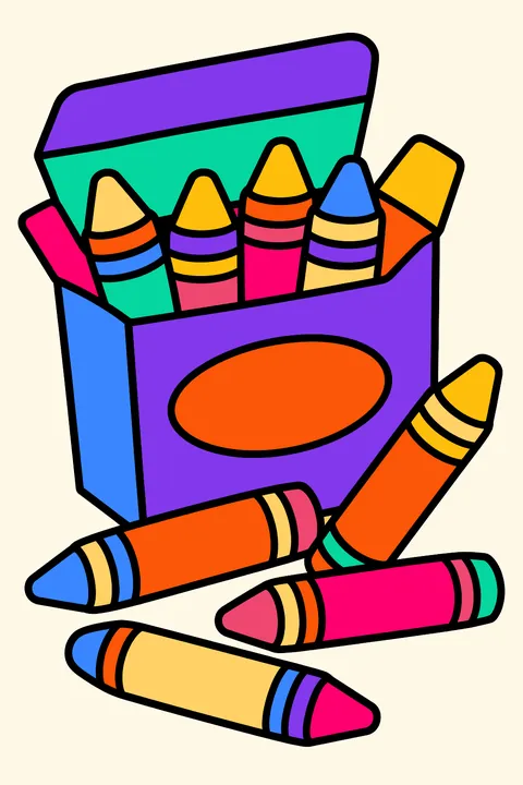 an open box of crayons with crayons spilling out coloring page