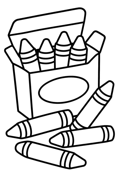 an open box of crayons with crayons spilling out coloring page