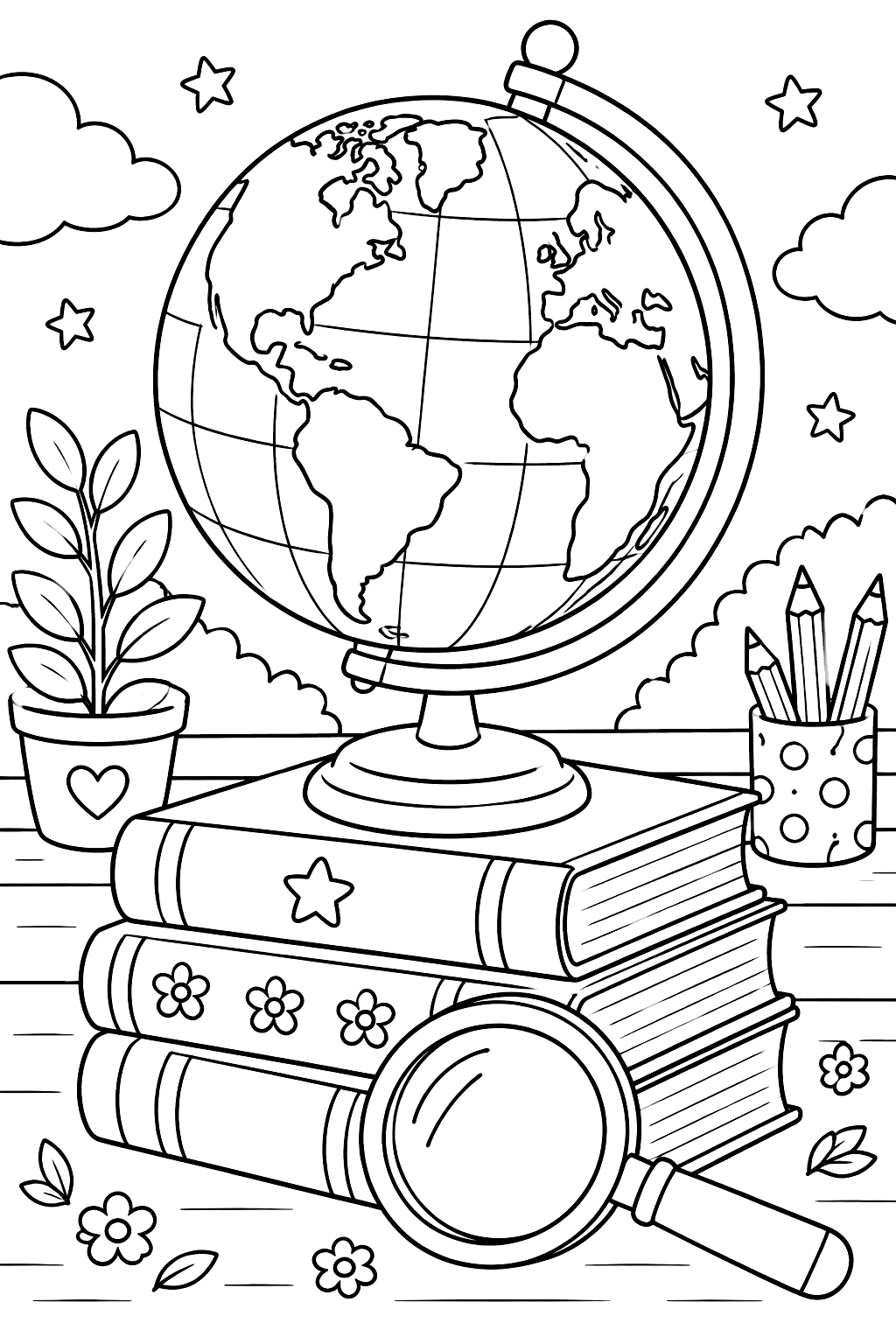 a globe on a stack of books with a magnifying glass coloring page