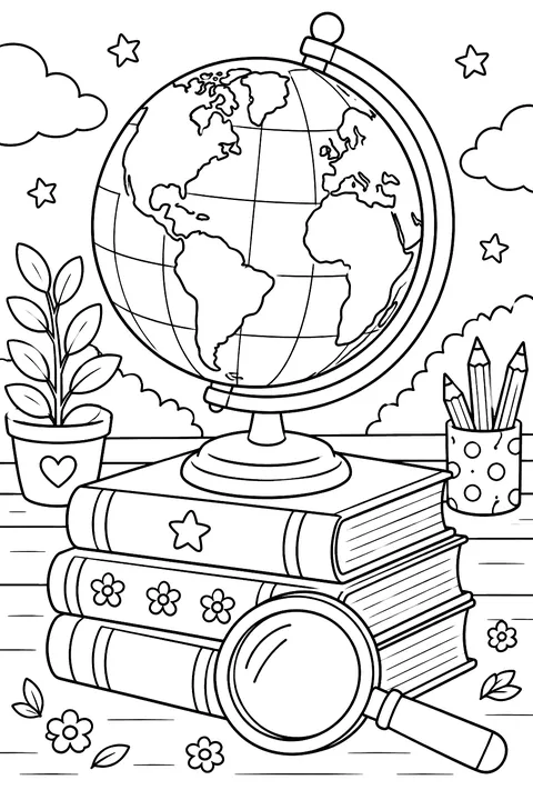 a globe on a stack of books with a magnifying glass coloring page