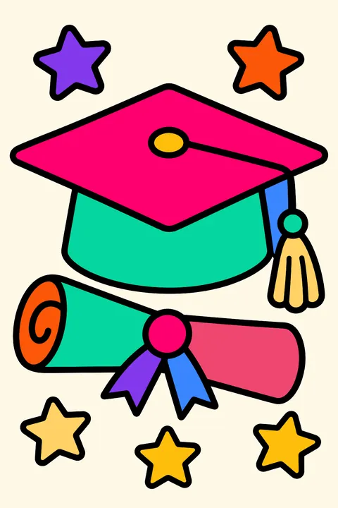 a graduation cap with a diploma and stars coloring page