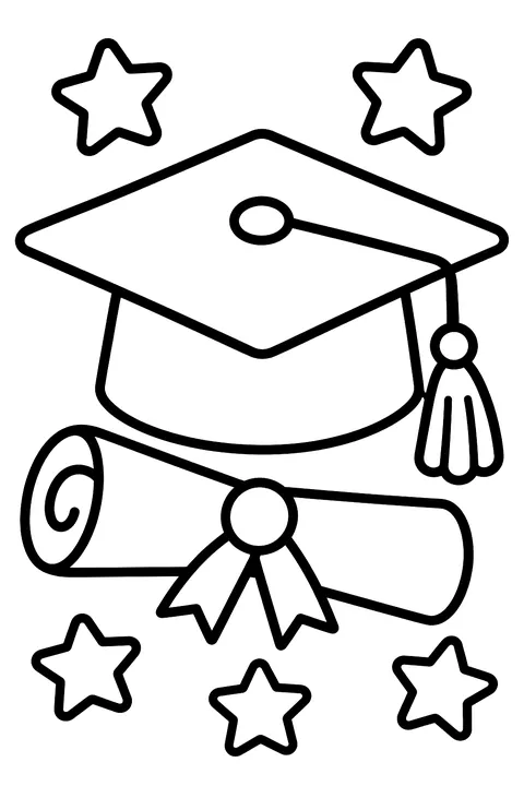 a graduation cap with a diploma and stars coloring page