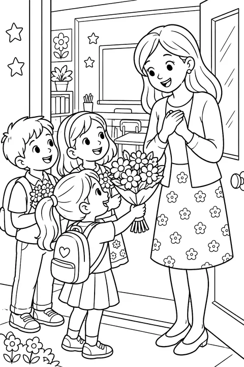 children giving flowers to their teacher at the classroom door coloring page