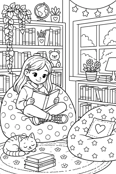 a cozy classroom library corner with shelves, beanbags and books coloring page