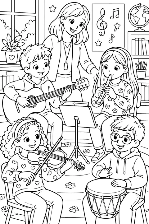 kids playing instruments in a music class with a teacher coloring page