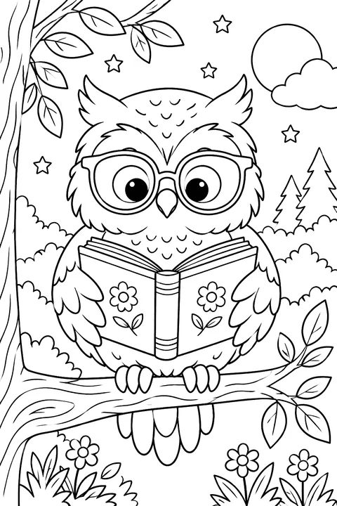 a wise owl wearing glasses reading a book on a branch coloring page
