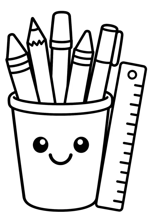 a cup full of pencils, crayons and markers next to a ruler coloring page