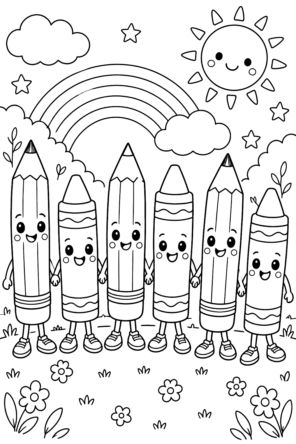 cute pencils and crayons with smiling faces holding hands coloring page