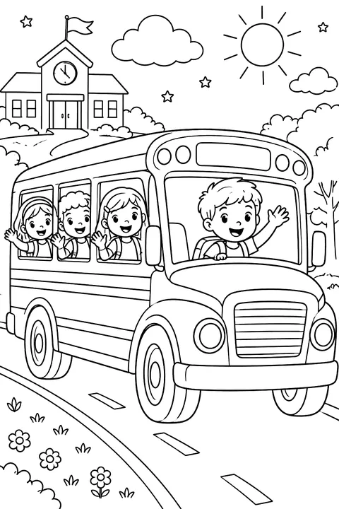 a school bus with happy kids waving from the windows coloring page