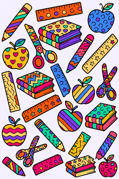 a full page pattern of pencils, rulers, books, apples and scissors coloring page