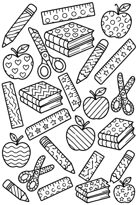 a full page pattern of pencils, rulers, books, apples and scissors coloring page