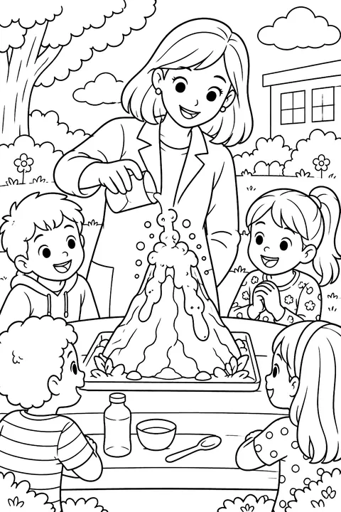 a teacher showing a volcano experiment to kids coloring page