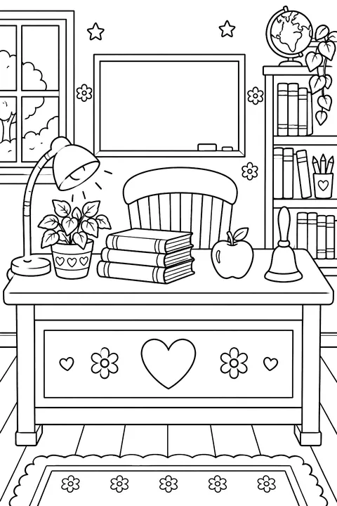 a teacher's desk with a lamp, plant, books, apple and bell coloring page