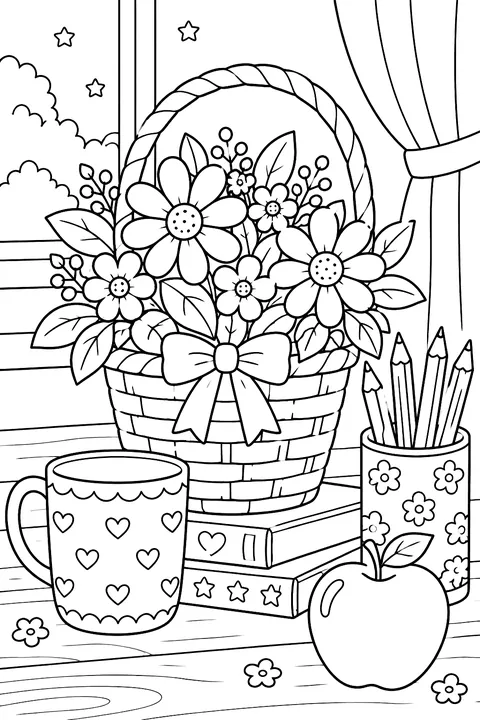 a basket with flowers, a mug, pencils and an apple coloring page