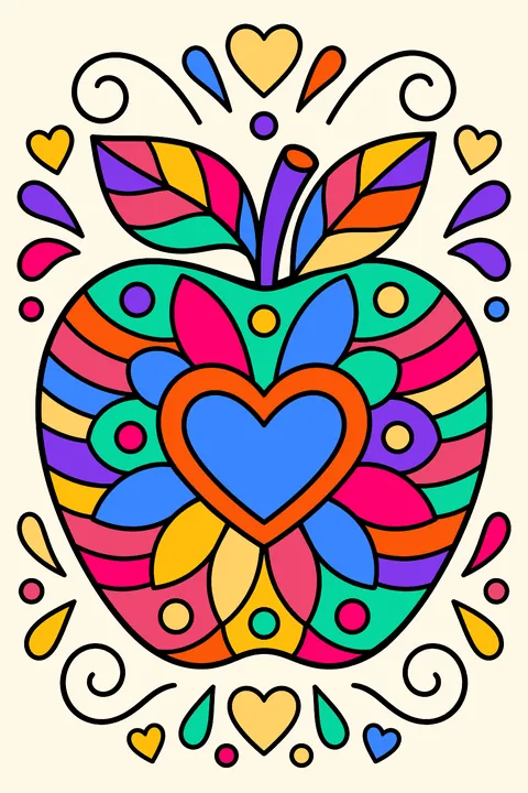 an apple with a heart and leaves surrounded by doodle patterns coloring page
