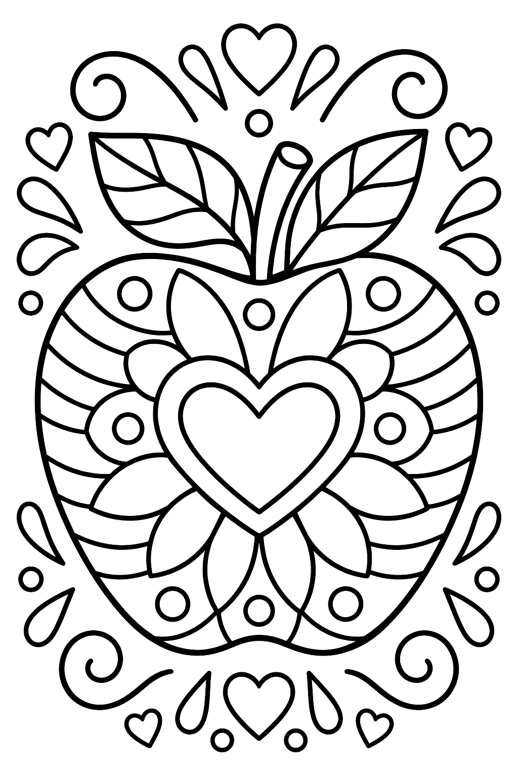 an apple with a heart and leaves surrounded by doodle patterns coloring page