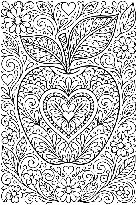an apple with a heart and leaves surrounded by doodle patterns coloring page