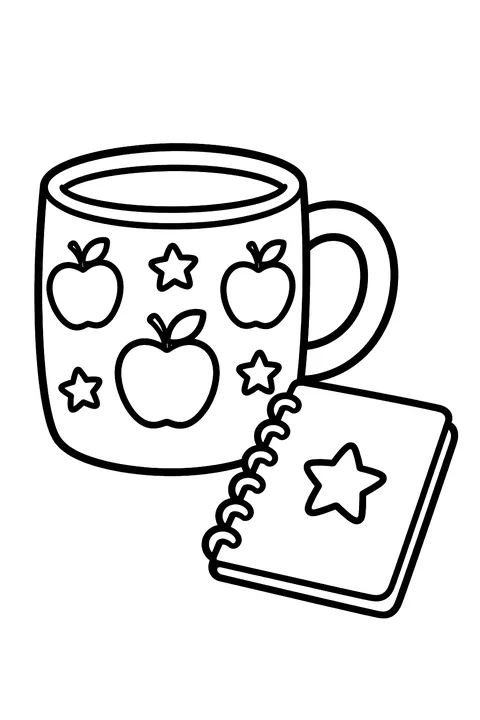 a coffee mug decorated with apples and stars beside a notebook coloring page
