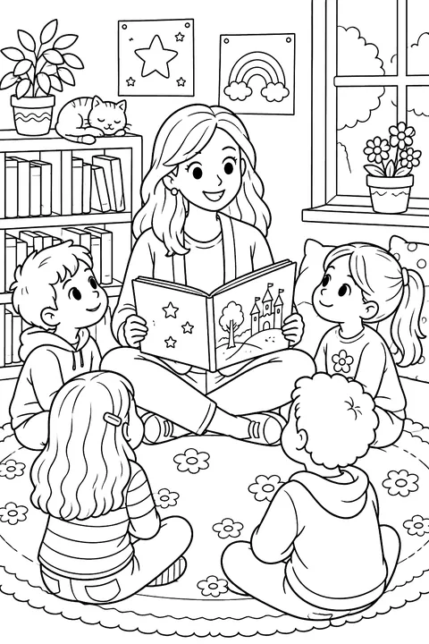 a teacher reading a book to kids sitting on a rug coloring page