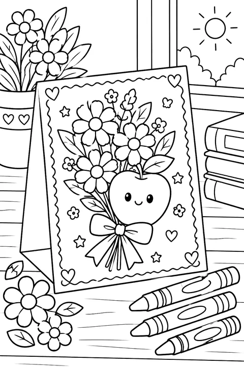 a handmade thank you card with flowers and an apple, crayons beside it coloring page
