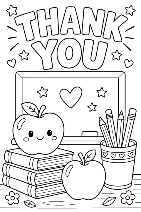 big outline letters spelling THANK YOU above a chalkboard, apples and pencils coloring page