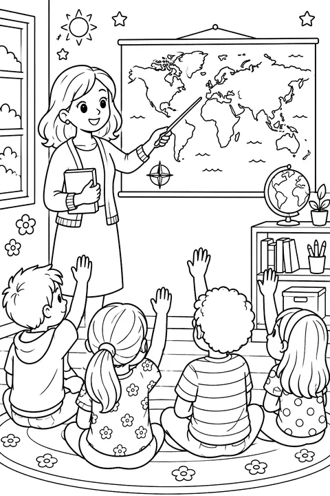 a teacher pointing at a map on the wall with kids raising hands coloring page