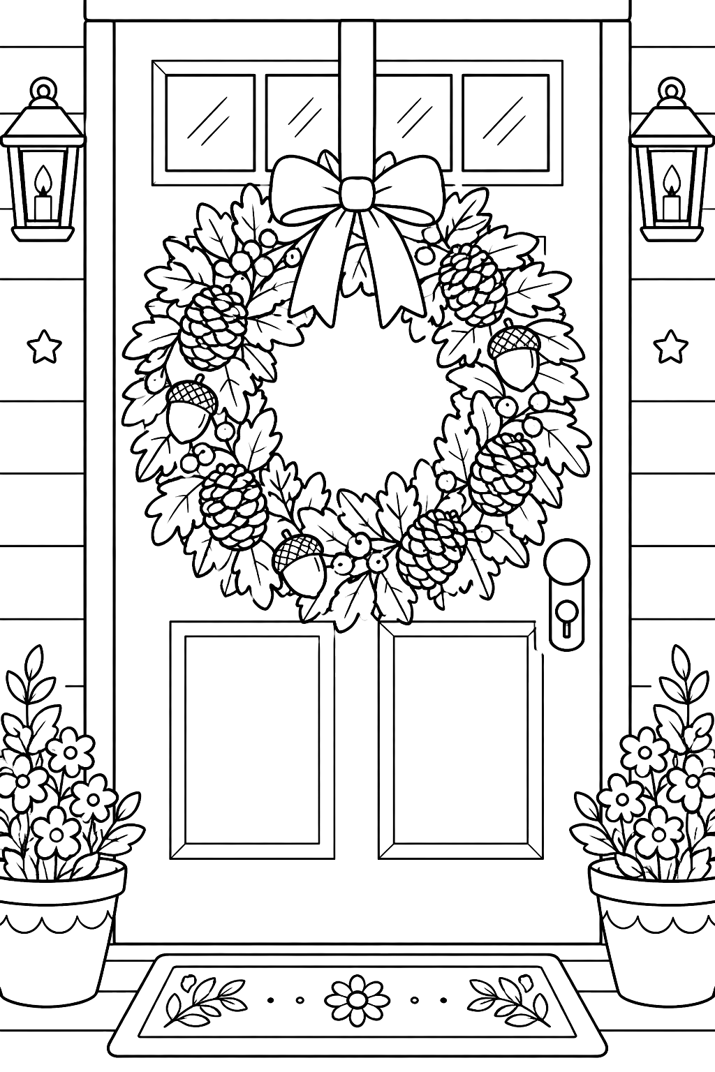a wreath of leaves, acorns and pinecones on a door coloring page