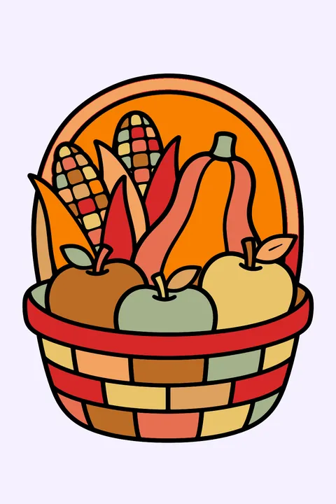 a basket of corn, squash and apples coloring page