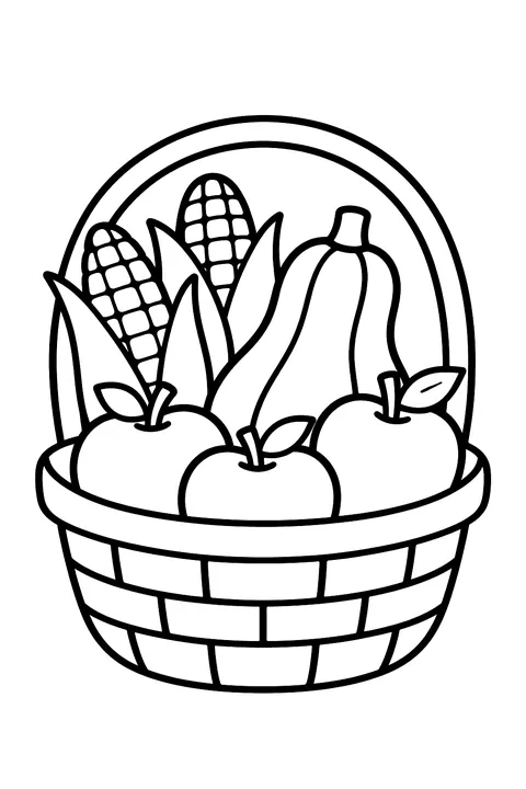 a basket of corn, squash and apples coloring page