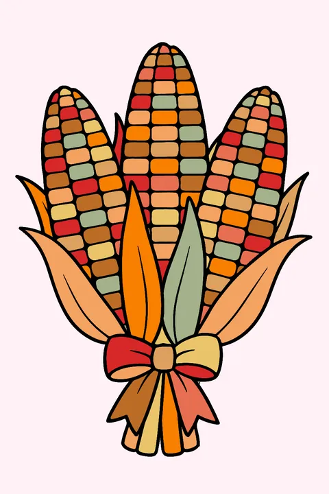 Three ears of corn tied with a ribbon coloring page