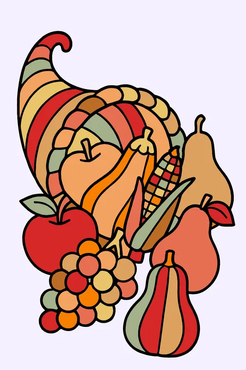 Cornucopia overflowing with fruit and vegetables coloring page