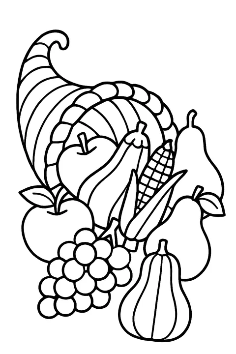 Cornucopia overflowing with fruit and vegetables coloring page