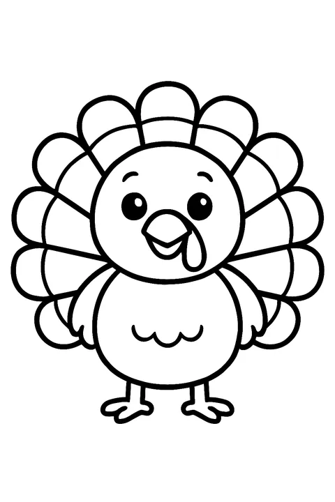 Round cartoon turkey with a fan of tail feathers coloring page