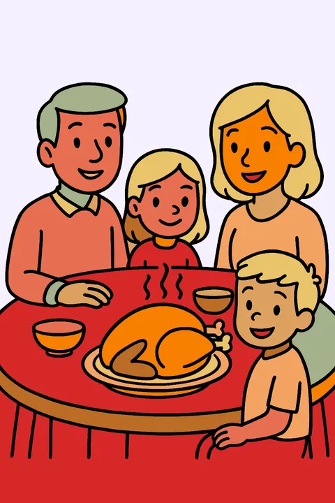 Family of four at a Thanksgiving table with a roast turkey coloring page