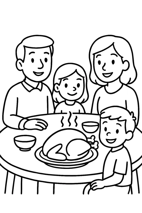 Family of four at a Thanksgiving table with a roast turkey coloring page