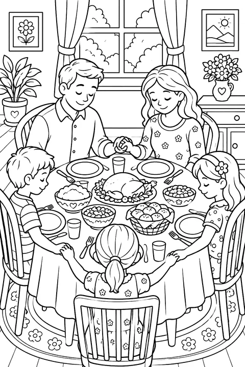 a family holding hands around the dinner table coloring page